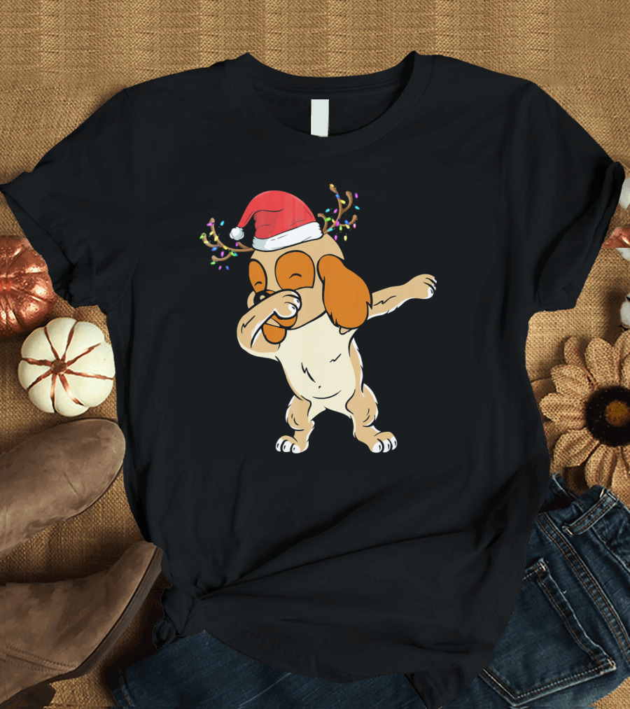 Cocker Spaniel Reindeer Dabbin Santa Hat Christmas Lights T-Shirt