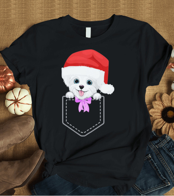 T-Shirt: Maltese Puppy Dog in Santa Hat with Purple Bow in Your Pocket T-Shirt Maltese Puppy Dog in Santa Hat with Purple Bow in Your Pocket T-Shirt
