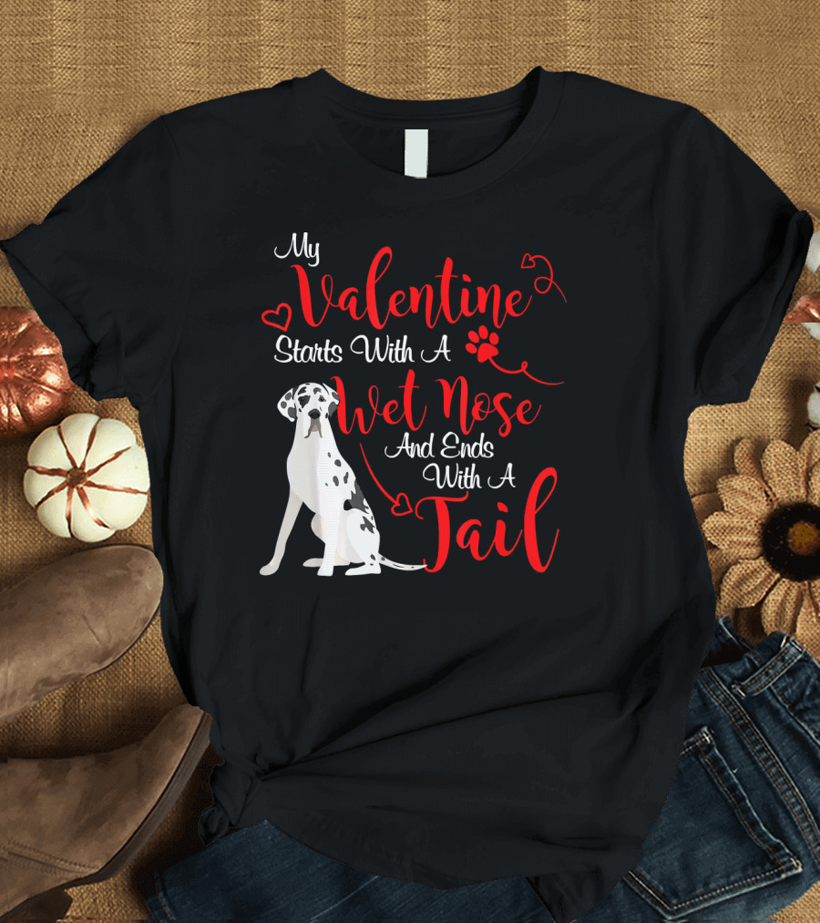 My Valentine Starts With A Wet Nose And Ends With A Tail Great Dane Harlequin T-Shirt