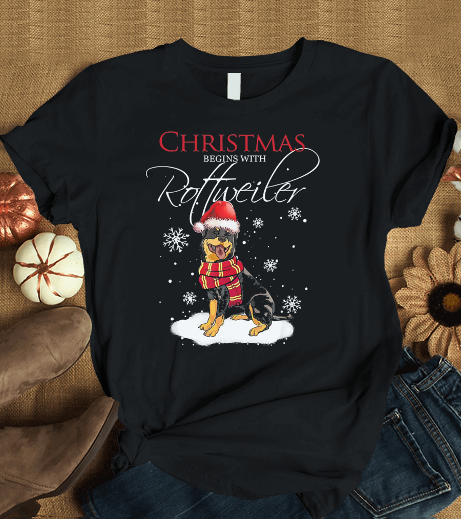 Christmas Begins With Rottweiler Santa Hat and Snowflakes T-Shirt