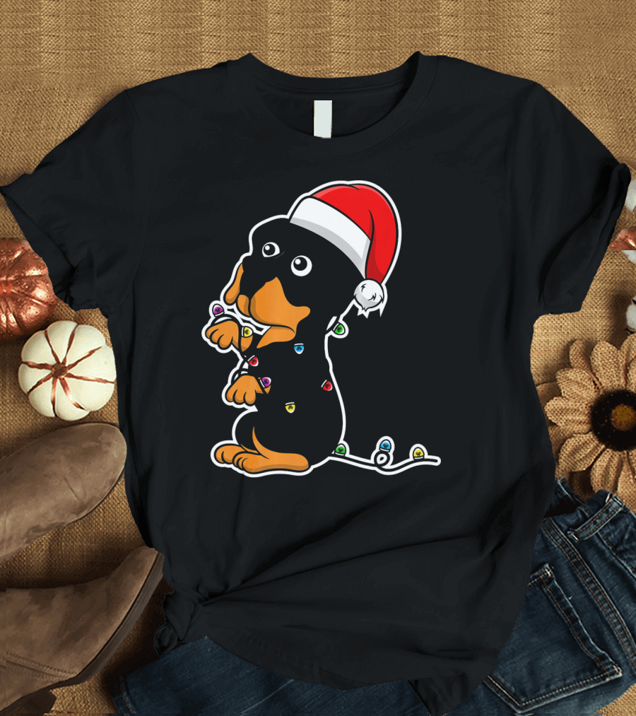 Christmas Rottweiler Dog Puppy with Santa Hat and Holiday Lights T-Shirt