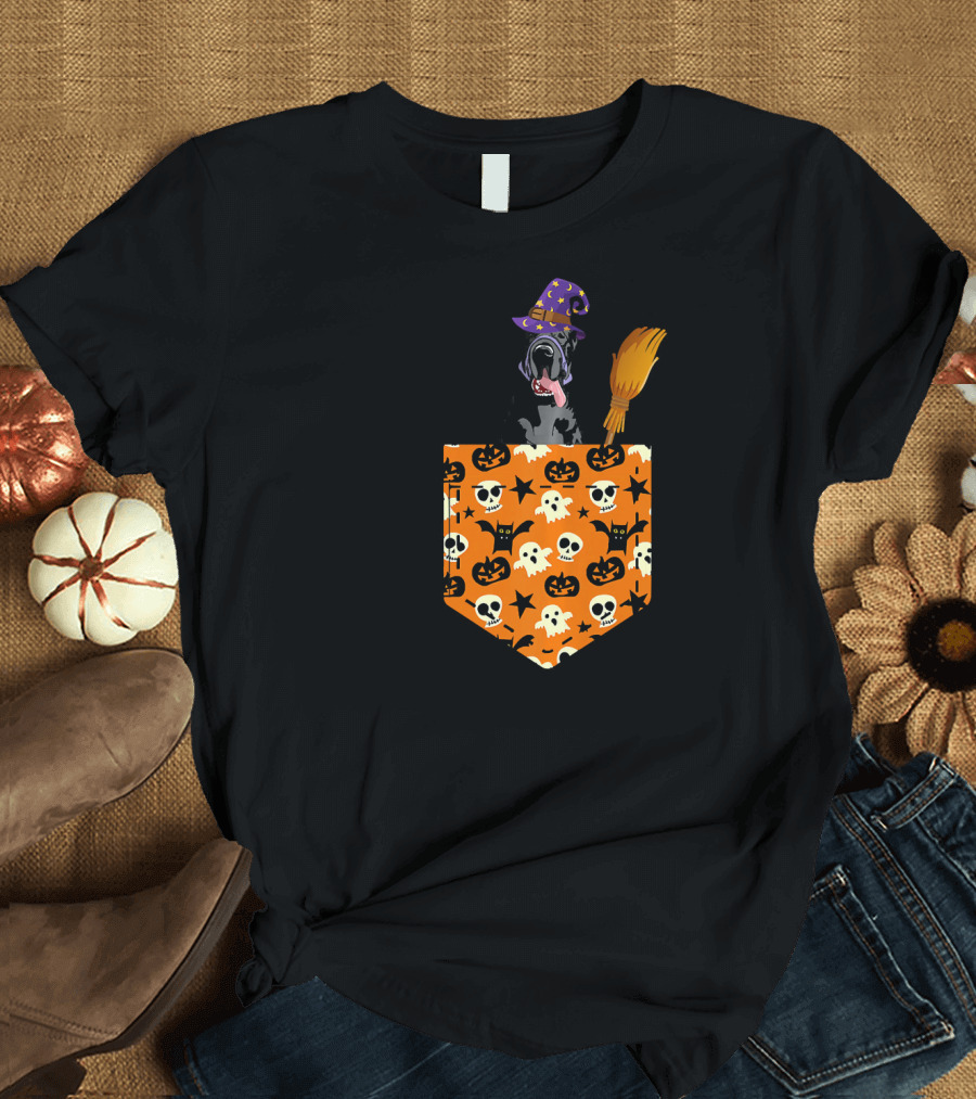 Great Dane with Witch Hat and Halloween Pumpkin Pocket T-Shirt