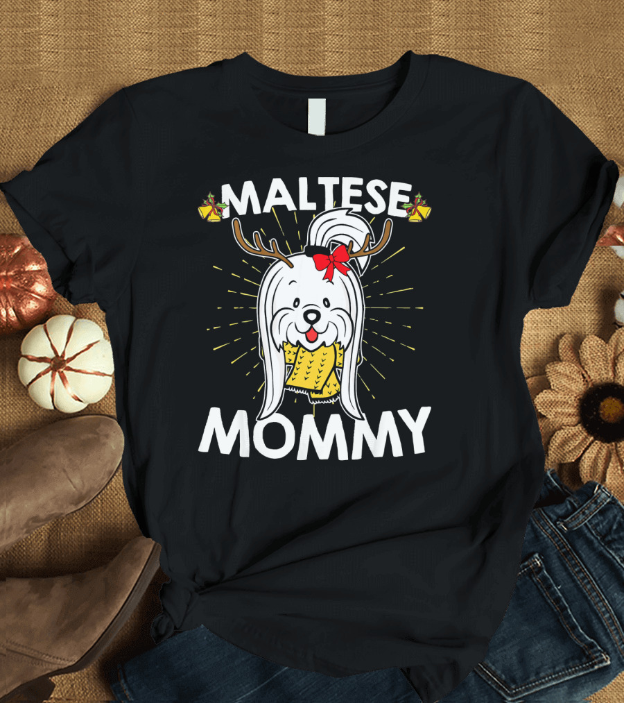Maltese Mommy Christmas Reindeer Dog with Bell Antlers and Red Bow T-Shirt