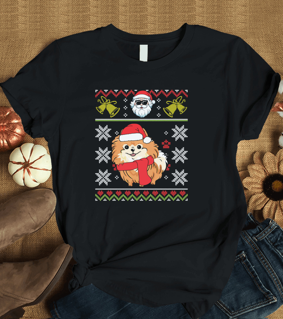 Cute Pomeranian Noel Costume Hat Snowflakes Santa Bells T-Shirt