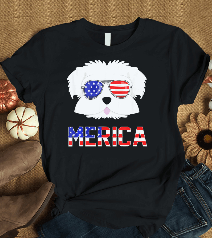 Merica Maltese Dog Wearing American Flag Sunglasses for 4th of July T-Shirt