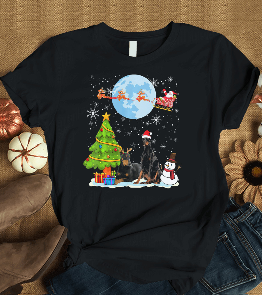 Funny Doberman Pinscher Christmas Moon Santa Sleigh Reindeer Snowman Tree T-Shirt
