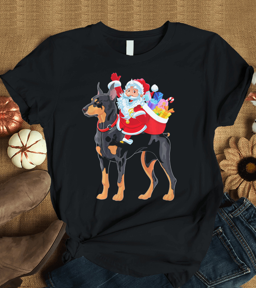 Santa Riding Doberman Pinscher with Gift Bag T-Shirt