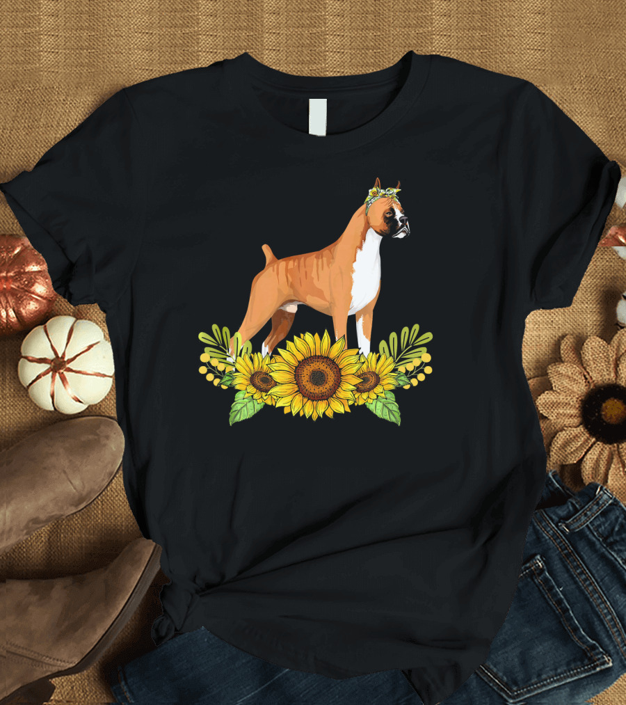 Boxer Surrounded by Sunflowers with Floral Headband T-Shirt