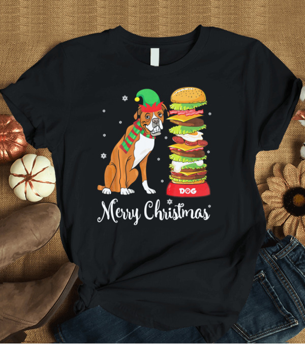 T-Shirt: Boxer Dog in Elf Costume with Dog Bowl Burger Merry Christmas T-Shirt Boxer Dog in Elf Costume with Dog Bowl Burger Merry Christmas T-Shirt
