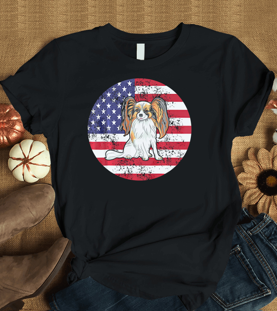 4th of July American Flag Papi with Papillon Dog T-Shirt