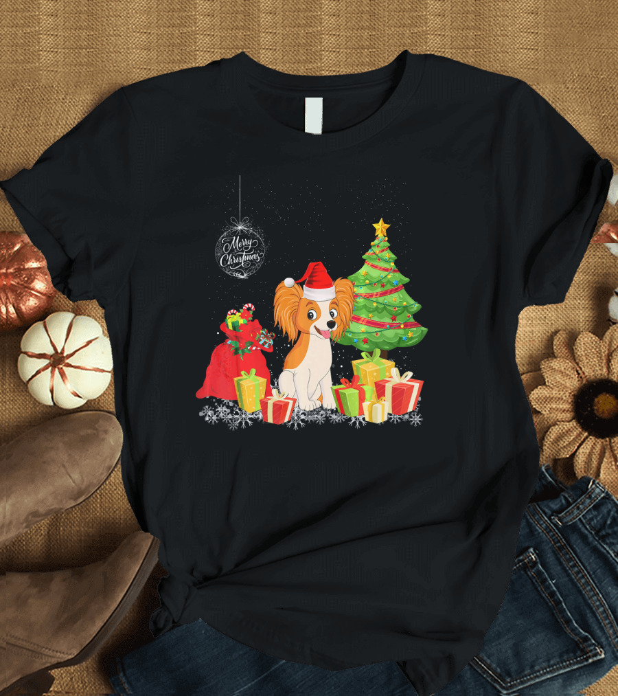 Papillon With Santa Hat Merry Christmas Tree and Gifts T-Shirt