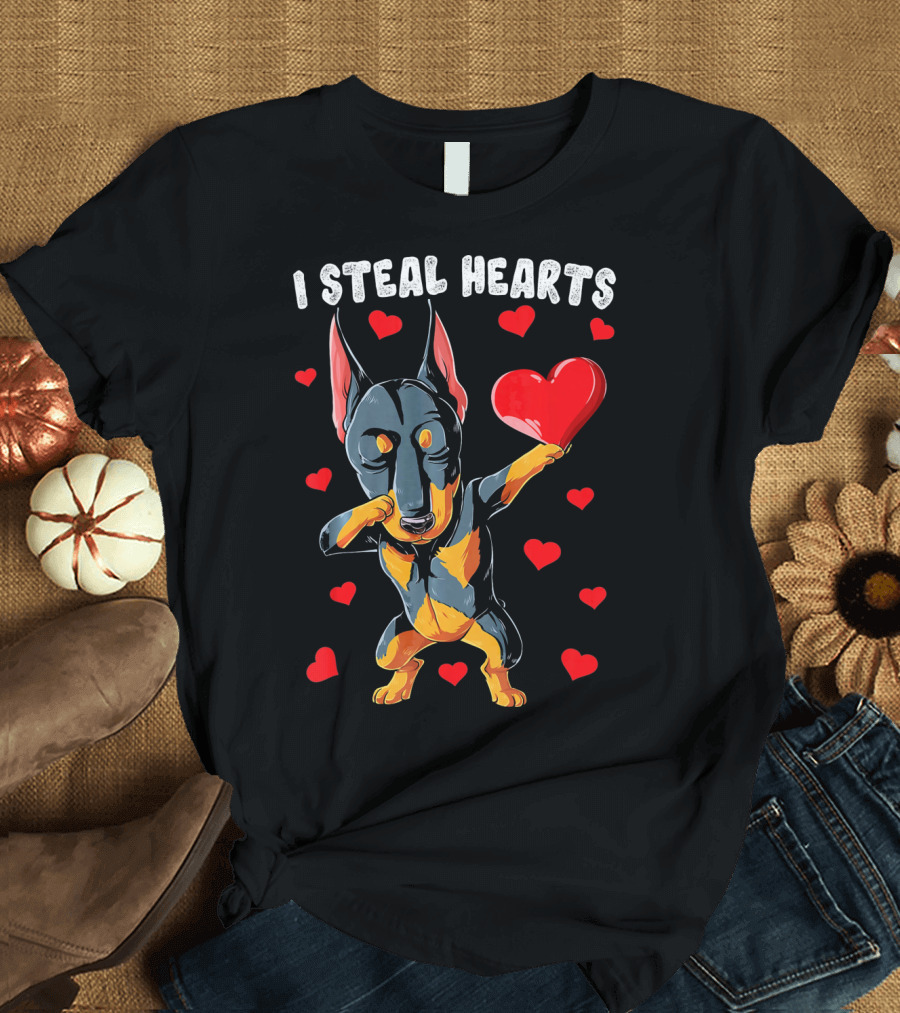 I Steal Hearts Dabbing Doberman with Red Hearts T-Shirt