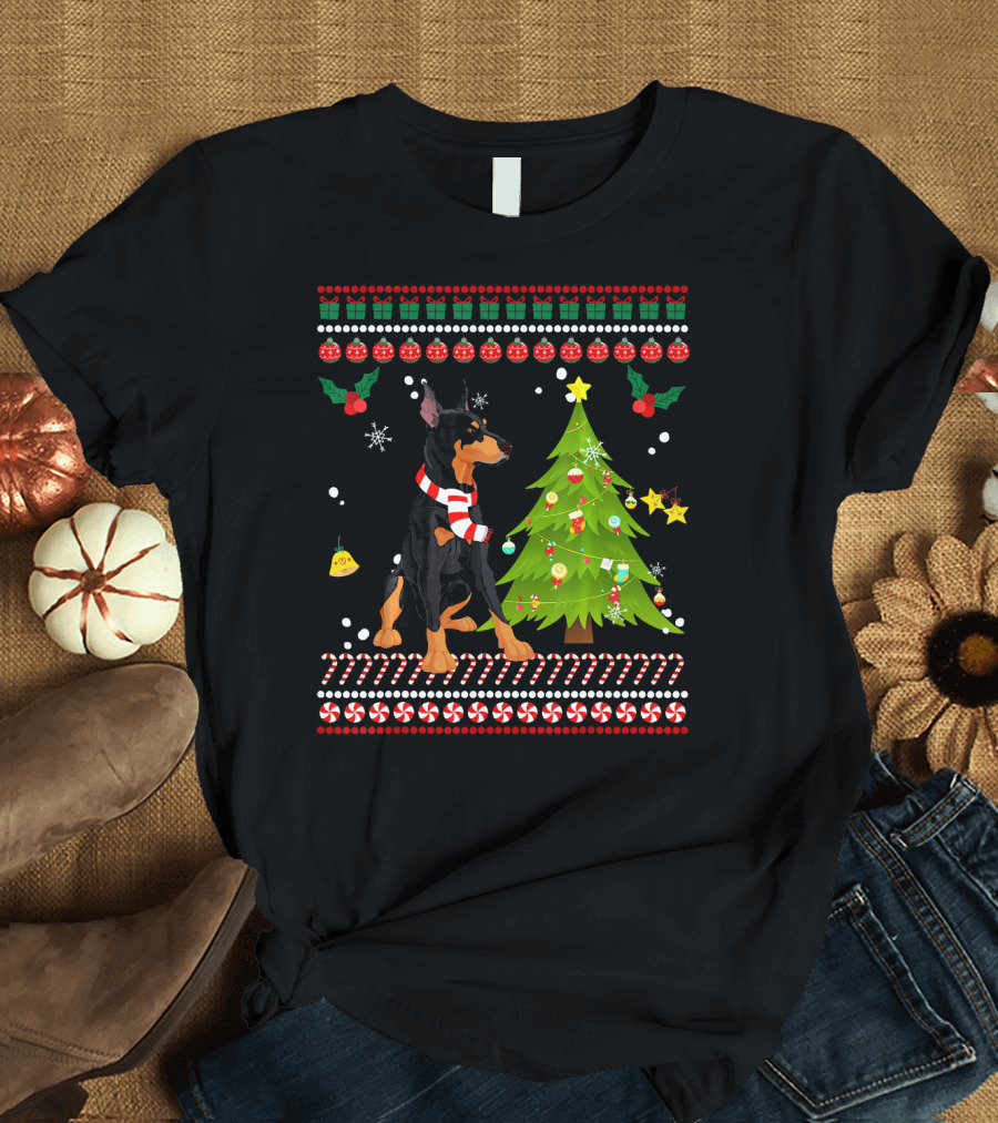 Cute Doberman Christmas Pine Festive Sweater Dog T-Shirt