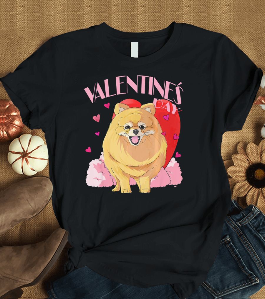 Pomeranian Dog Lover Valentine's Day Hearts and Clouds T-Shirt