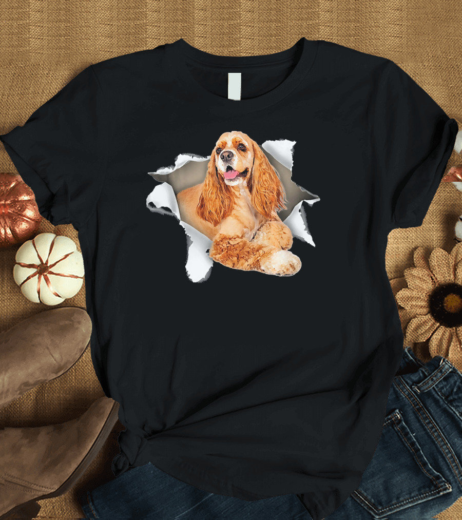 American Cocker Spaniel Torn Dog Inside Peeking Through Rip T-Shirt