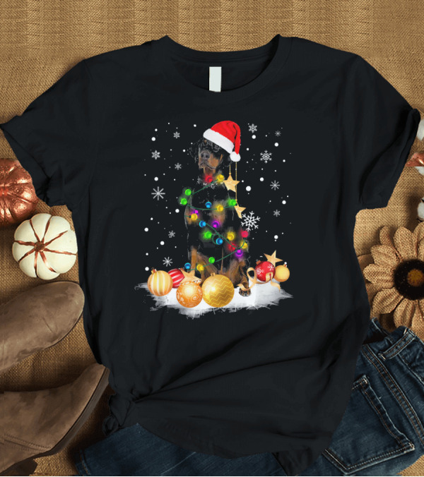 T-Shirt: Christmas Doberman Dog Santa Hat Snowflakes Colorful Led Lights T-Shirt Christmas Doberman Dog Santa Hat Snowflakes Colorful Led Lights T-Shirt