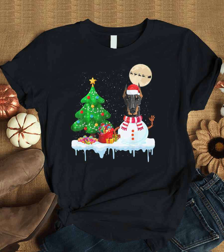 Doberman Snowman with Christmas Tree and Santa Moon T-Shirt