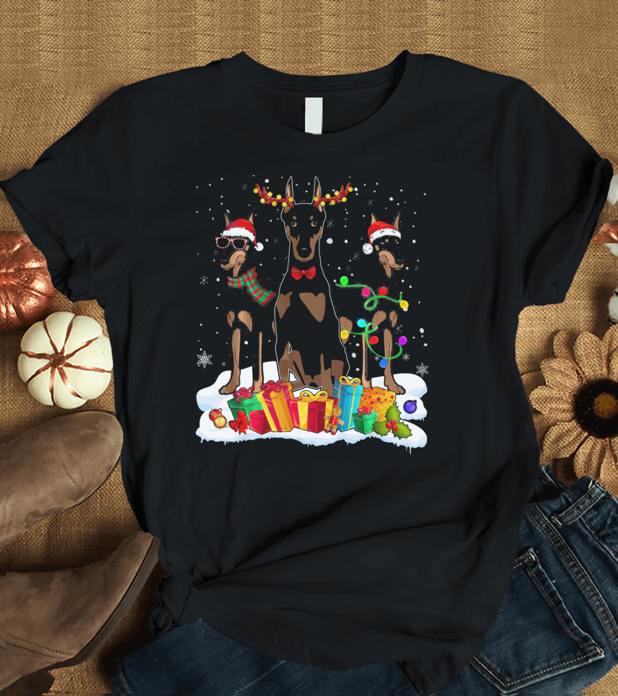 Doberman Christmas Santa Hat with Reindeer Antlers and Holiday Lights T-Shirt