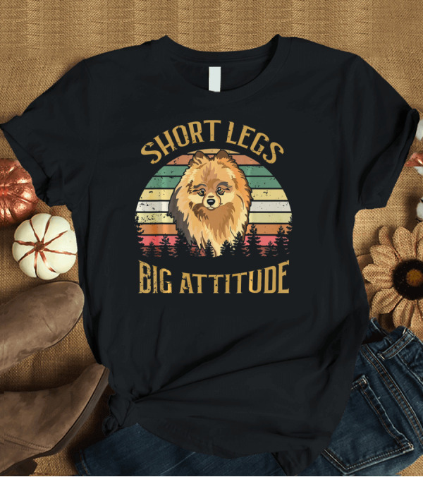T-Shirt: Short Legs Big Attitude Retro Vintage Pomeranian Circle Stripe Forest T-Shirt Short Legs Big Attitude Retro Vintage Pomeranian Circle Stripe Forest T-Shirt