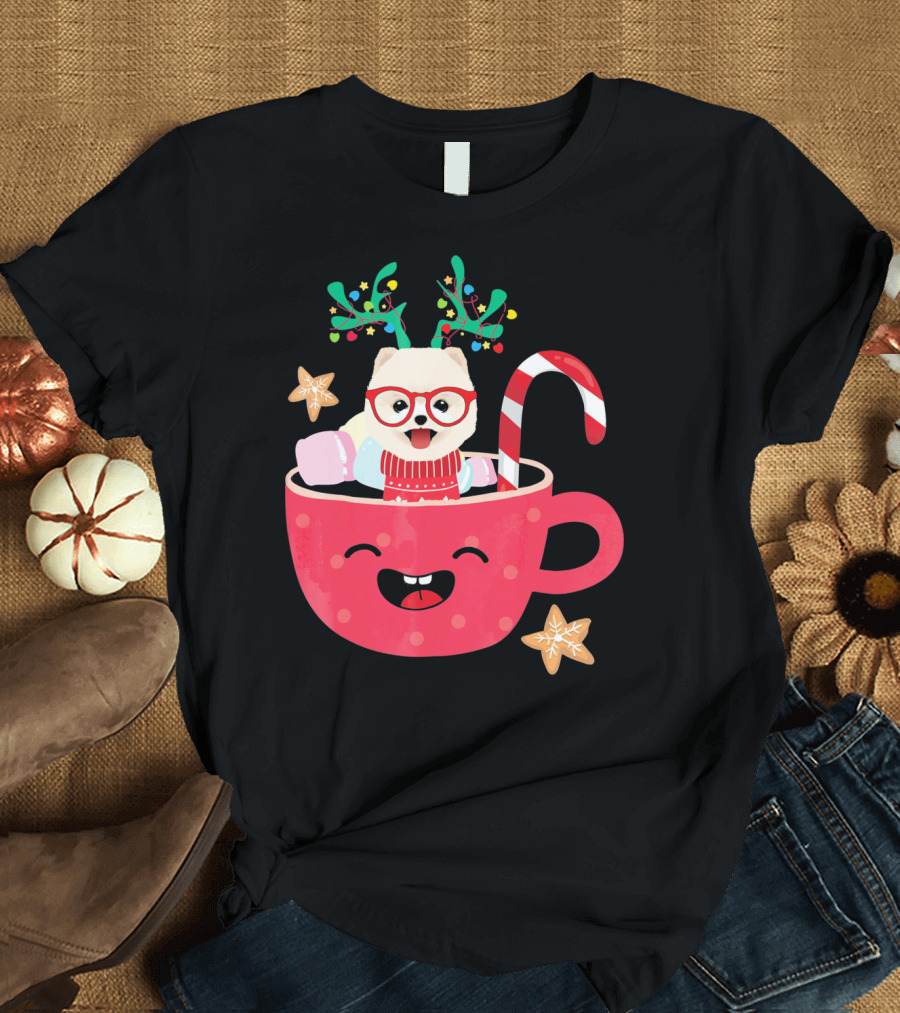 Pomeranian Teacup Christmas Holiday Candy Cane Gingerbread Antlers T-Shirt