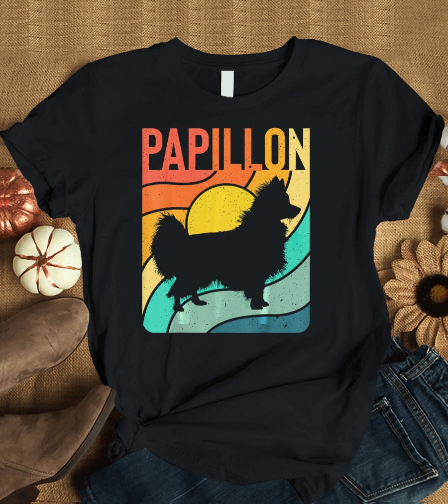 Papillon Vintage Retro Dog Silhouette Rainbow Sunset T-Shirt