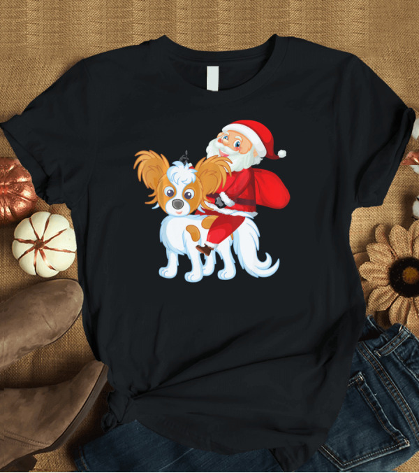 T-Shirt: Papillon Dog with Santa Claus Christmas T-Shirt Papillon Dog with Santa Claus Christmas T-Shirt