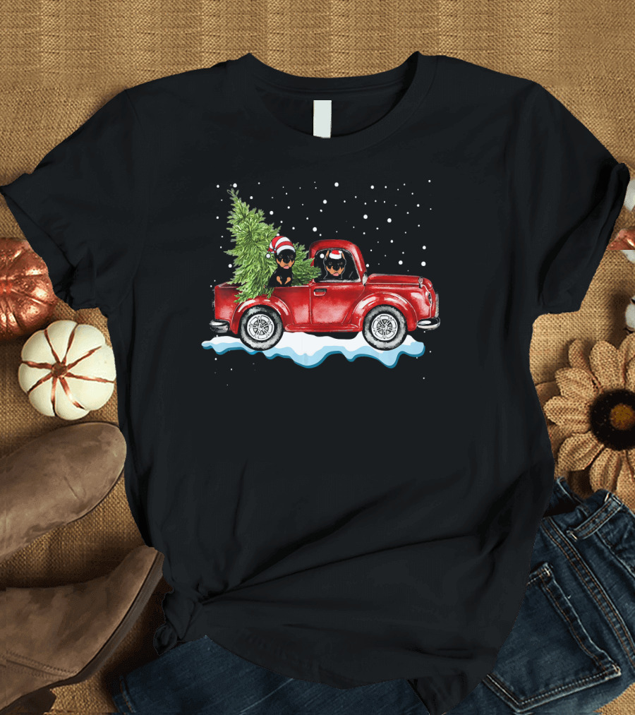 Doberman Dogs in Red Pickup Truck with Christmas Tree and Snowflakes T-Shirt