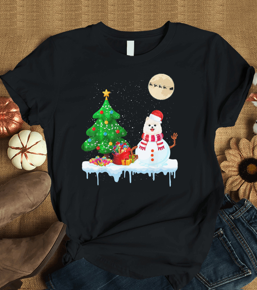 Pomeranian Snowman Christmas Tree Santa Sleigh Moon T-Shirt