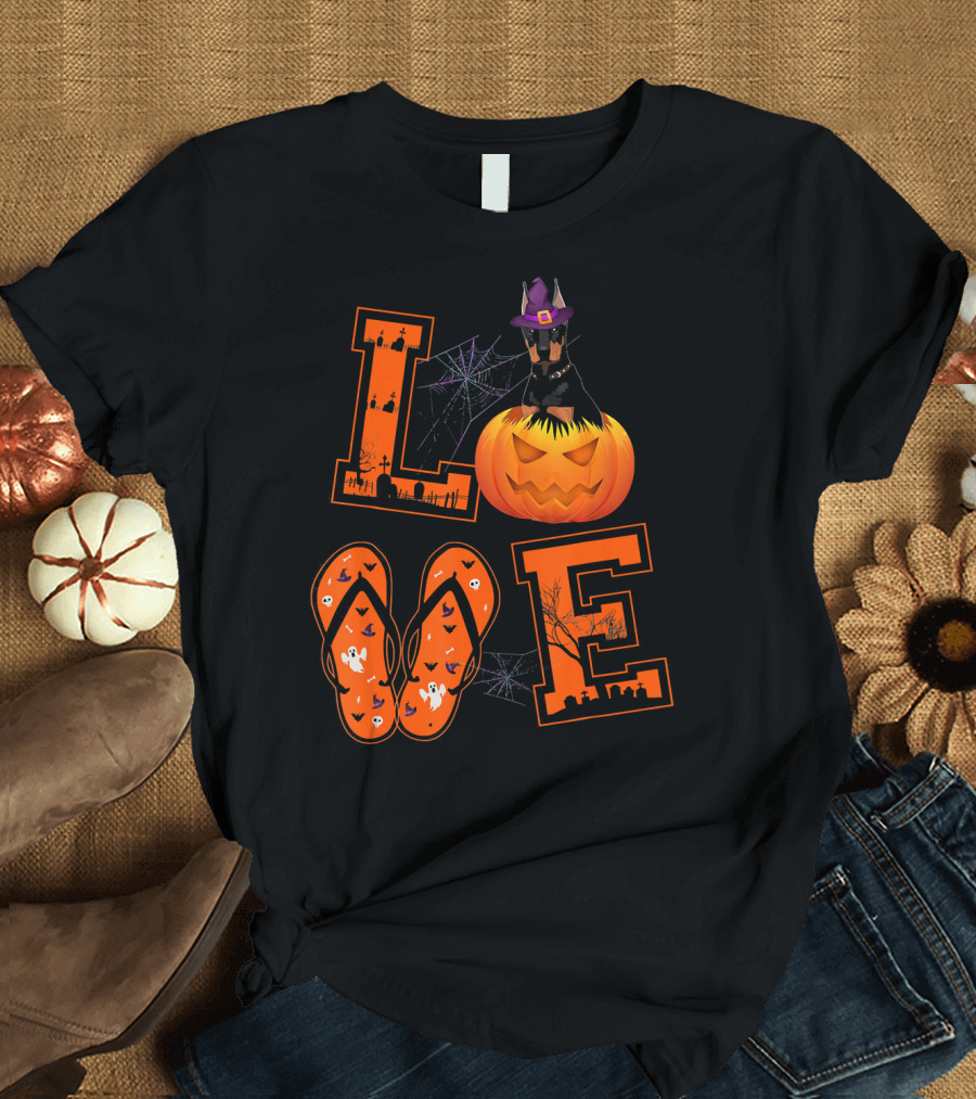 LOVE Halloween Doberman Pumpkin with Witch Hat and Spiders T-Shirt