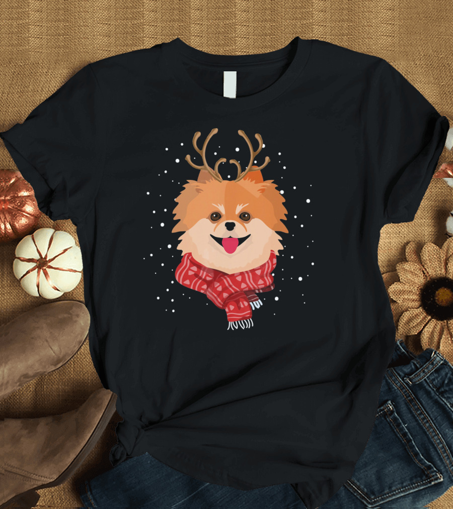 Pomeranian Reindeer Merry with Antlers and Scarf T-Shirt
