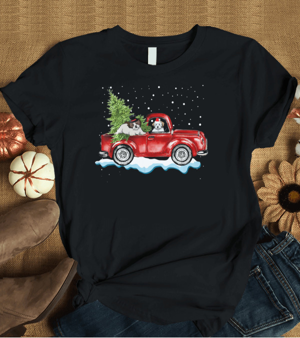 T-Shirt: Red Truck with Shih Tzu and Christmas Tree in Snowy Scene T-Shirt Red Truck with Shih Tzu and Christmas Tree in Snowy Scene T-Shirt