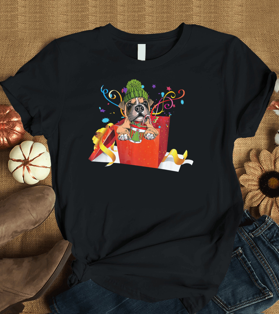 Boxer Puppy with Santa Hat in Christmas Gift Box T-Shirt