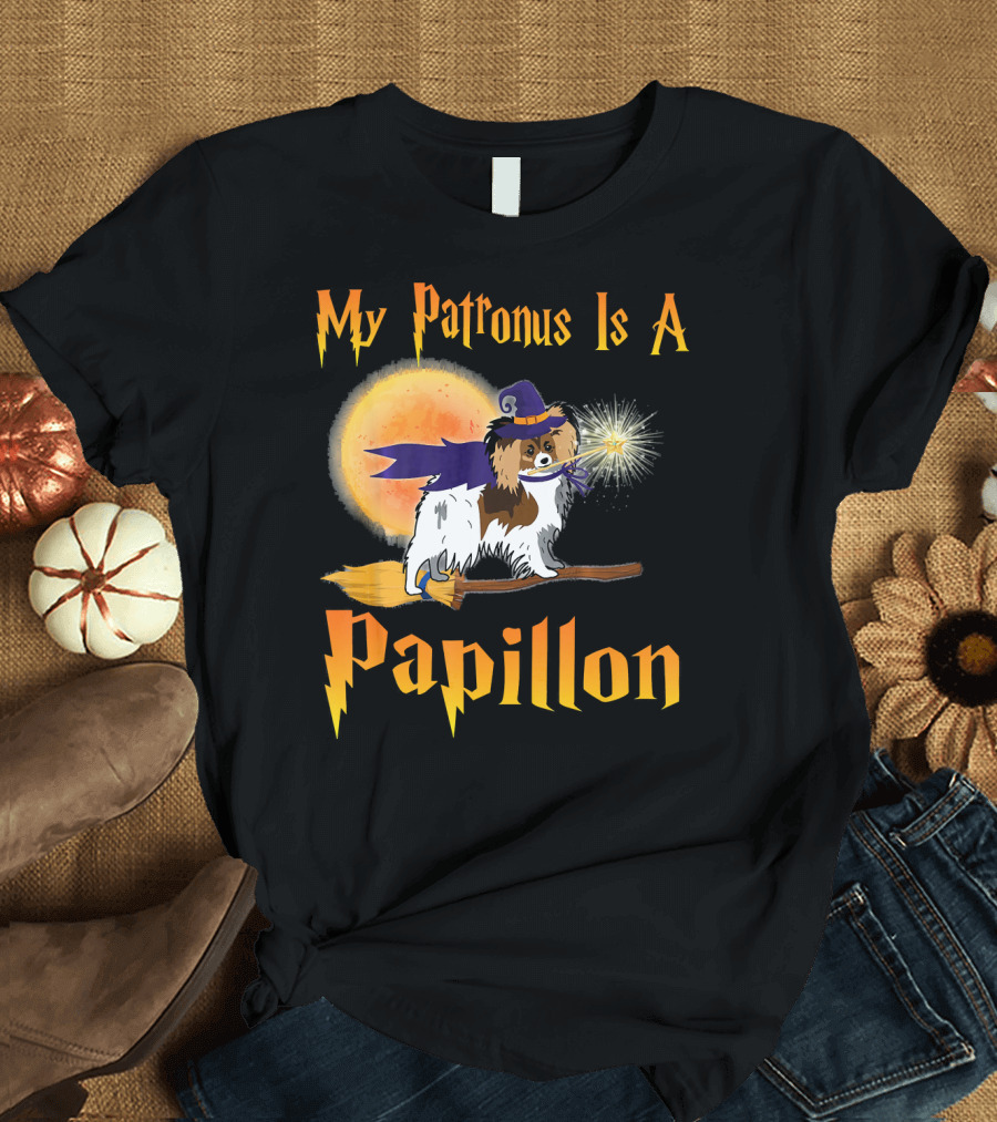My Patronus Is a Papillon Witch Flying Broom Moon T-Shirt