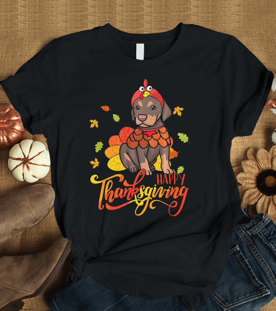 Happy Thanksgiving Doberman Puppy in Turkey Costume T-Shirt