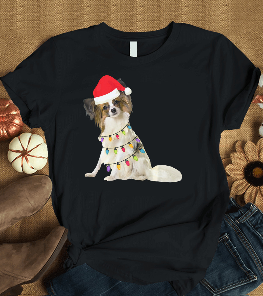 Papillon Christmas Light Dog with Santa Hat T-Shirt