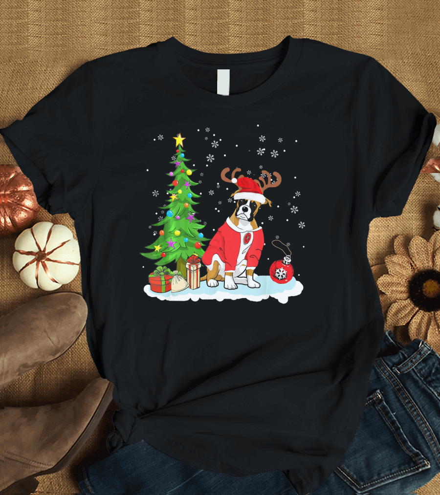 Boxer Dog Father Christmas Tree Gifts Reindeer Antlers T-Shirt