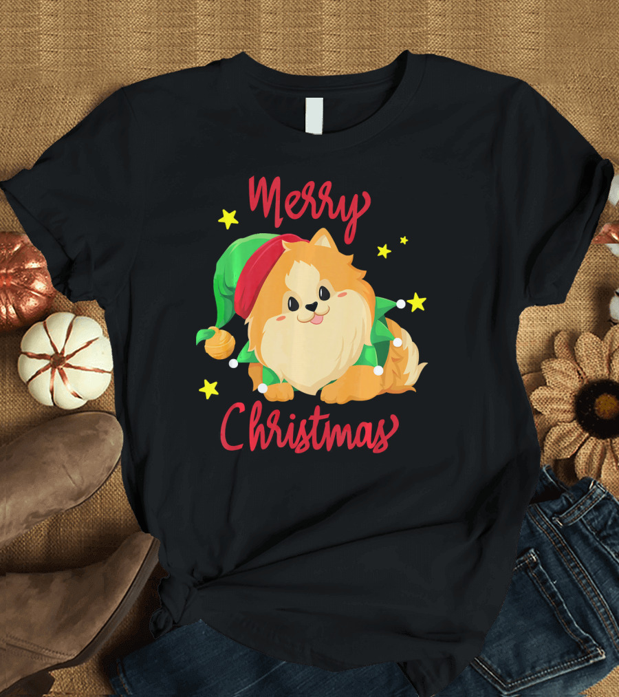 Aneisha Merry Christmas Pomeranian with Green and Red Elf Hat T-Shirt