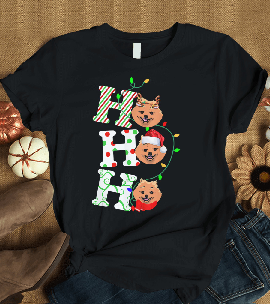 Pomeranian Ho Ho Ho Santa Hat with Reindeer and Festive Lights T-Shirt