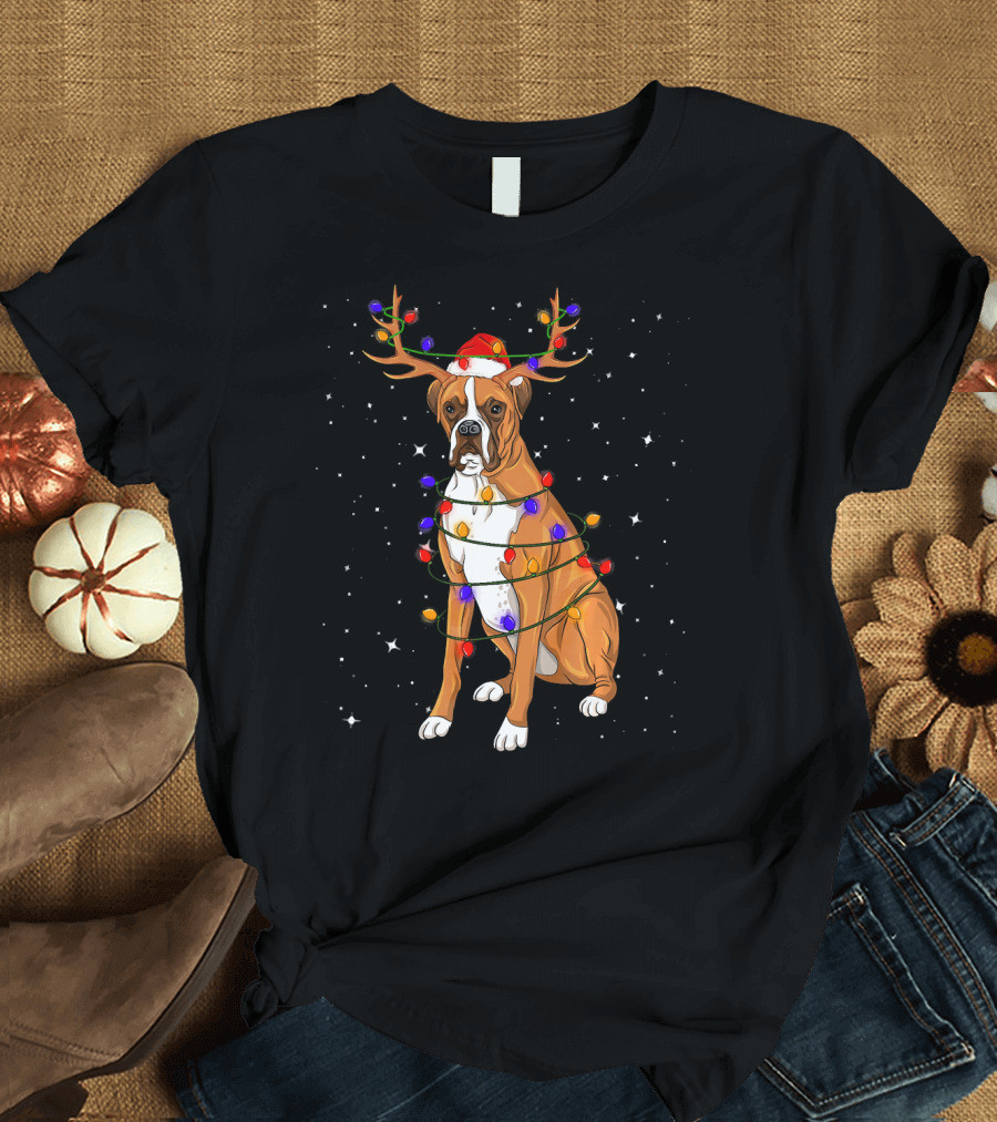 Boxer Dog Wrapped in Christmas Lights with Reindeer Antlers and Santa Hat T-Shirt