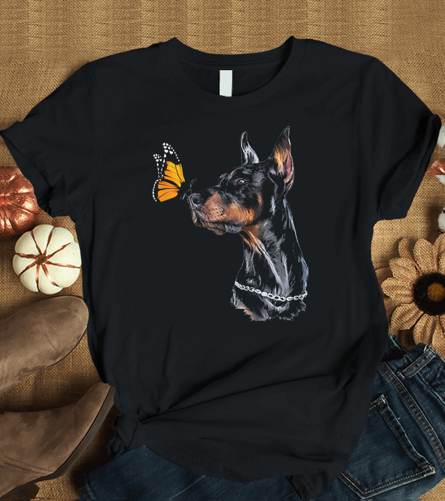 Cute Doberman Pinscher With Butterfly Interaction T-Shirt