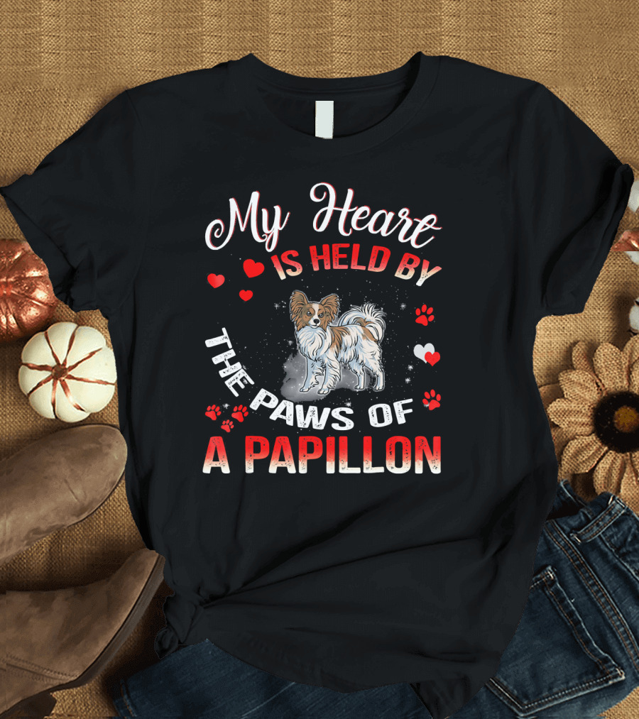 My Heart Is Held by the Paws of a Papillon with Heart and Paw Print Accents T-Shirt