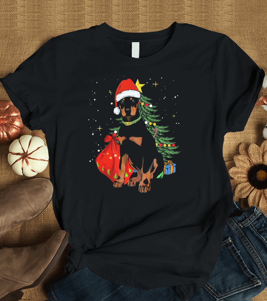 Doberman Pinscher Christmas Dog with Santa Hat and Gifts T-Shirt