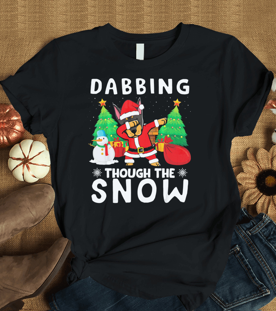 Dabbing Through The Snow Doberman Santa Christmas Scene T-Shirt