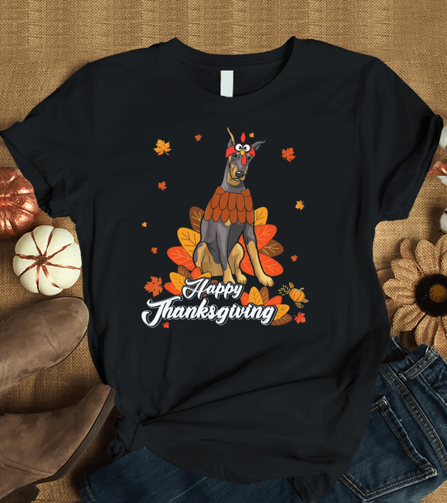 Happy Thanksgiving Cute Doberman Leaves and Pumpkin T-Shirt