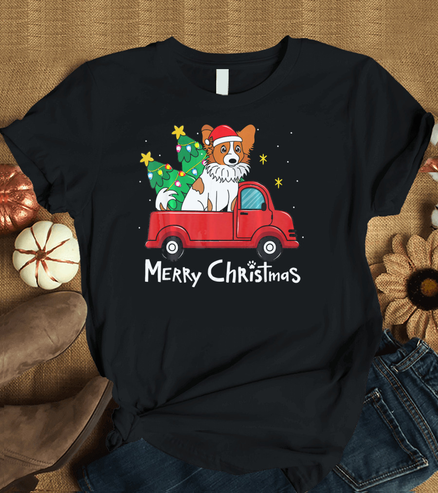 Papillon Merry Christmas Santa Dog in Red Truck with Trees T-Shirt