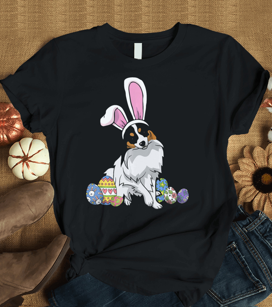 Papillon in Bunny Ears with Colorful Easter Eggs T-Shirt