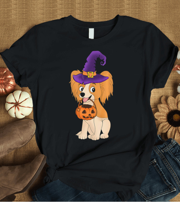T-Shirt: Papillon Dog with Witch Hat and Halloween Pumpkin T-Shirt Papillon Dog with Witch Hat and Halloween Pumpkin T-Shirt