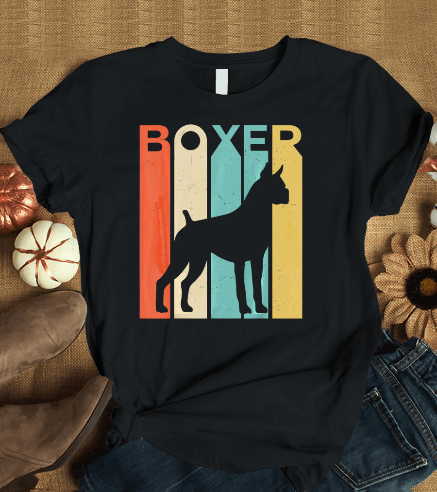 Boxer Retro Vintage Dog Silhouette Stripes T-Shirt