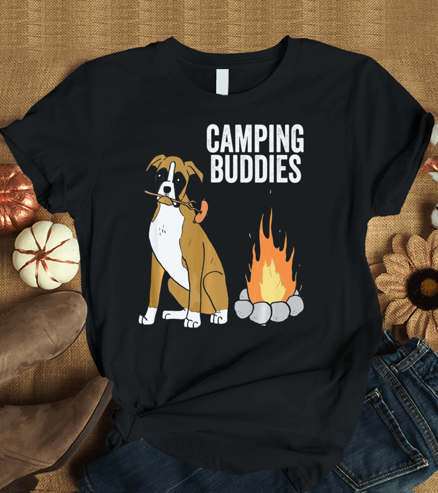 Camping Buddies Boxer Dog by Campfire T-Shirt