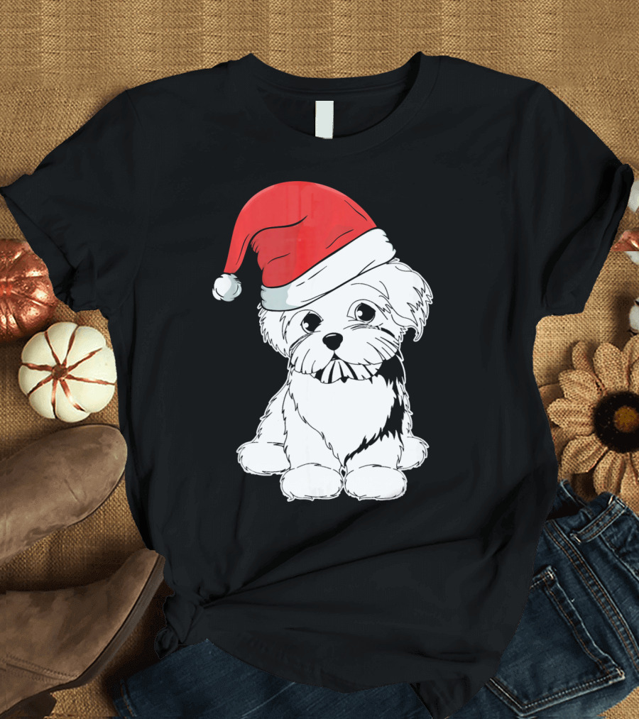 Christmas Maltese Dog in Santa Hat T-Shirt